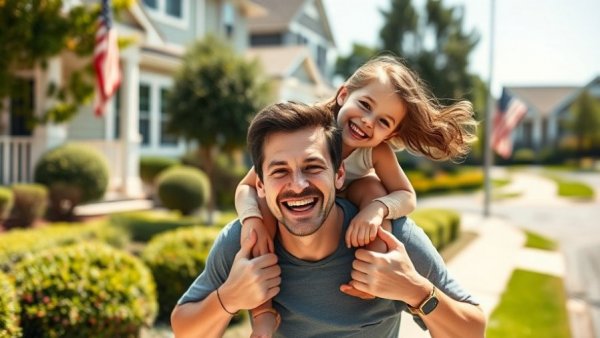 Joyful father and daughter in front of new suburban home, showcasing November Homebuying Trends 2025.