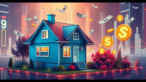 Illustration of 50-year mortgage risks and benefits with a house and finances.