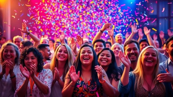 Vibrant celebration at Inman Connect community event with confetti.