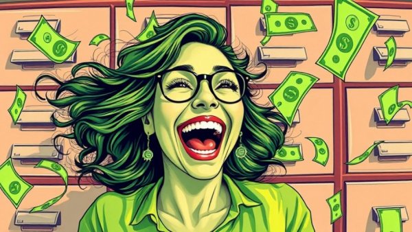 Exuberant woman with dollar bills, direct mail marketing campaigns theme.