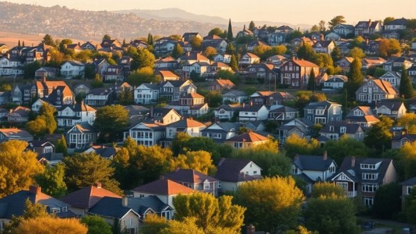 Sprawling suburban houses under sunset lighting, highlighting housing market trends 2026.