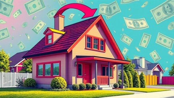 Stylized house image with falling arrow symbolizing 53% of US homes lost value.
