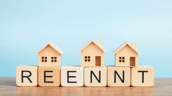Wooden house models on blocks spelling RENT - build-to-rent housing market trends.