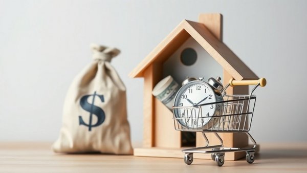 Symbolic items representing homeowners know before selling - house, money, clock.