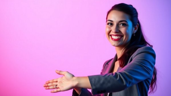 Smiling woman offering handshake in neon colors, earning gratitude in real estate.