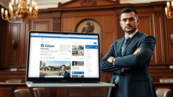 Business professionals in front of Zillow page related to Zillow Flex class-action lawsuit.