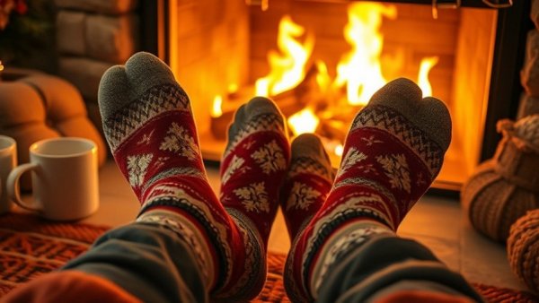 Relaxing holiday scene with cozy socks by the fire.