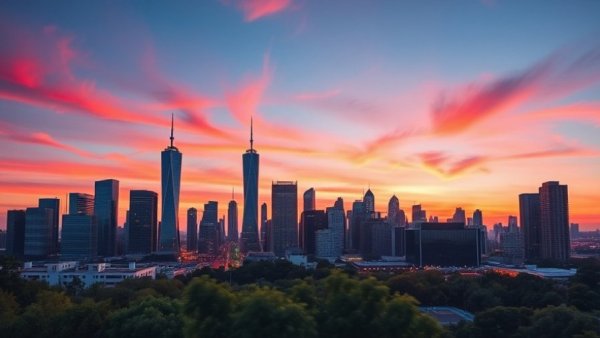 City skyline at sunset highlighting remote leadership challenges in real estate.