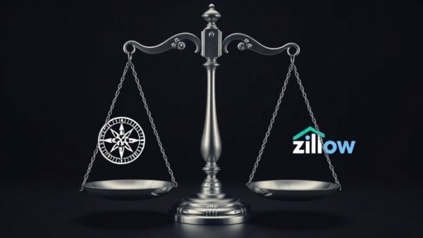 Scales of justice balancing Compass vs. Zillow in legal context.