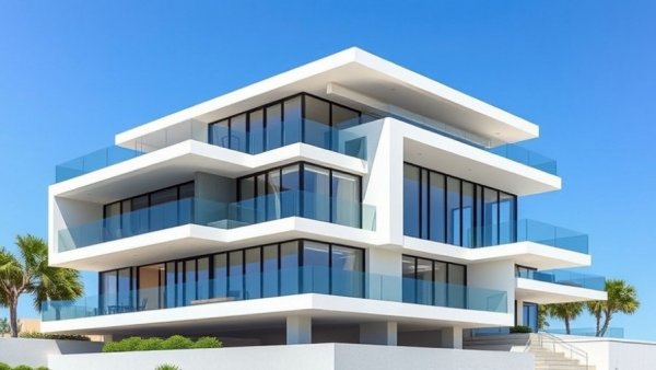 Modern luxury house in October, bright blue sky.