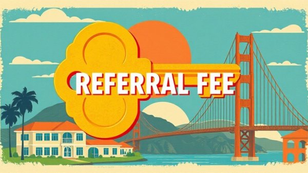 Retro illustration of referral fee transparency with houses and a bridge.