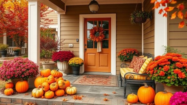 Importance of marketing new listings: autumn-themed porch with pumpkins.