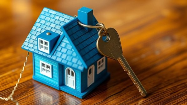 Blue model house with key on roof representing lending.