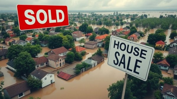 Zillow Removes Climate Data: House for sale sign amid flood.