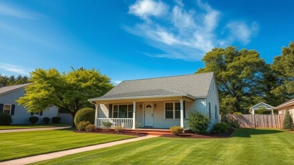 Charming suburban bungalow in serene setting, vibrant blue sky, find the best deal on a home.