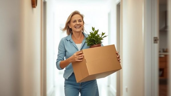 Joyful woman practicing last-minute packing strategies, carrying a box and plant in a hallway.