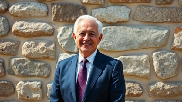 Distinguished man in suit, smiling confidently in bright sunlight.