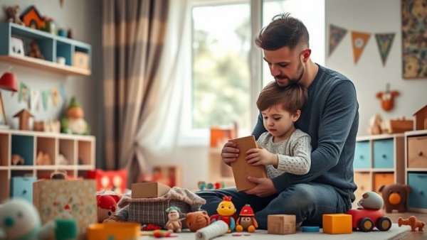Parent and child in a child's room emotionally detaching while packing toys, illustrating the process of detaching emotionally while selling property.