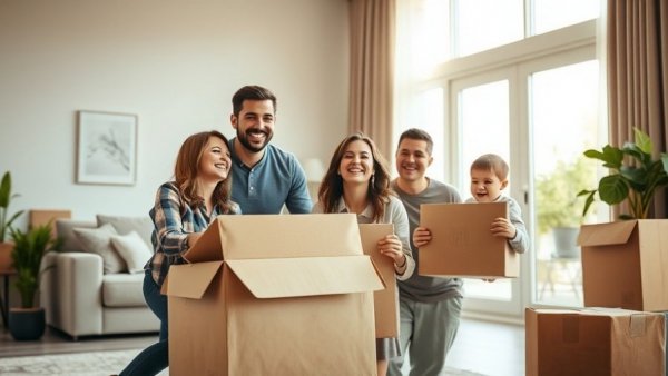 Family moving, children playing with boxes, sunny living room atmosphere.