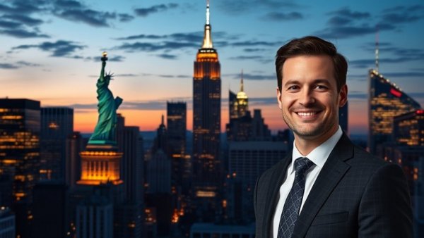 New York cityscape with Statue of Liberty and professional man, real estate strategy.