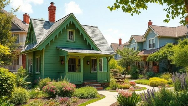 Charming green cottage with lush garden, sunny day in suburb.