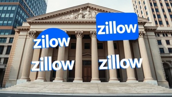 Courthouse facade with Zillow logos symbolizing legal challenges.