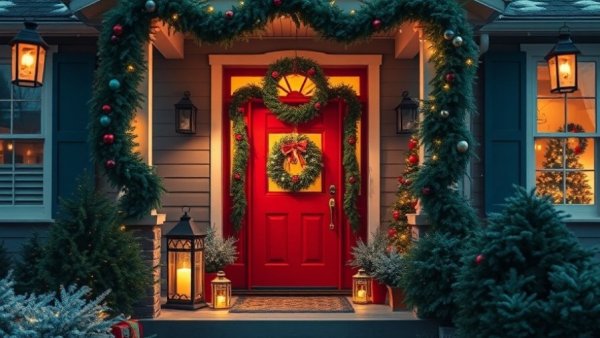 Festive holiday home entrance displaying holiday home buying advantages.