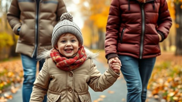 Joyful child walking with adults on an autumn path, warm winter scene.