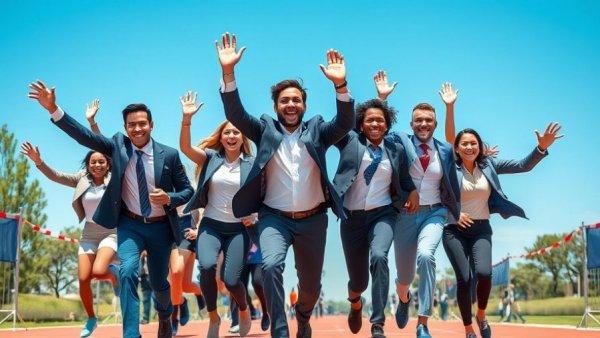 Diverse professionals celebrating an achievement in a park setting with agent recognition plan.