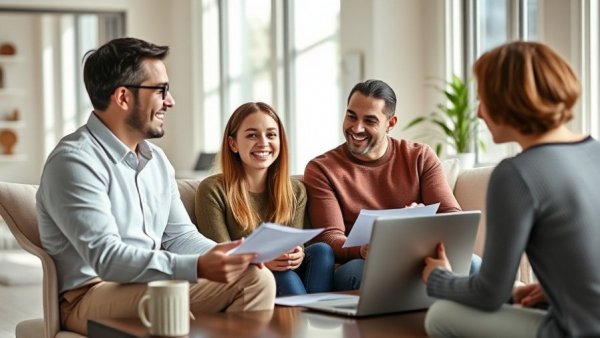 Young couple discussing home equity mortgage strategies with advisor in living room.