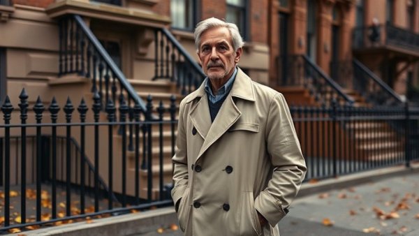 A man in a trench coat stands outside a brownstone building, reflecting on the scene.