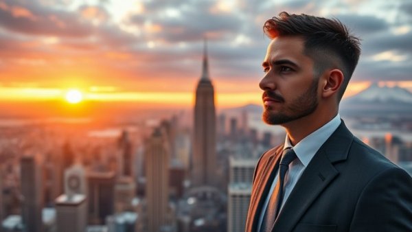 Leadership in independent real estate brokerage, city skyline and executive.