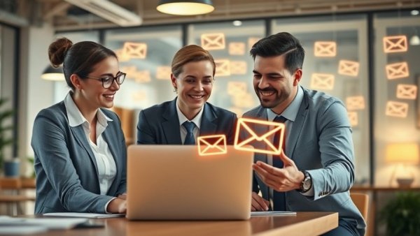 Professionals discussing real estate email campaigns with digital mail icons.