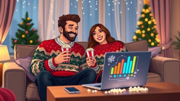 Cartoon couple in festive attire watching broken screen; cozy atmosphere with robot and charts.