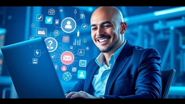 Futuristic digital scene with a smiling man and digital icons for AI prompts in real estate.