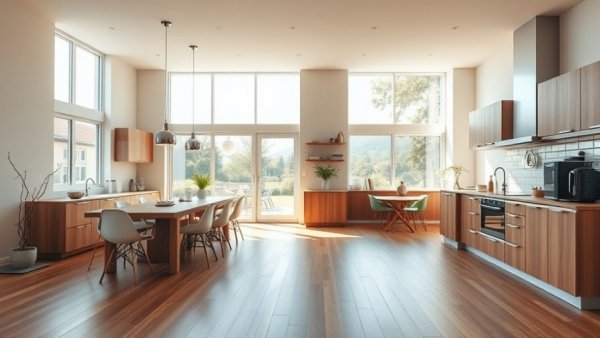 Spacious open-concept kitchen and living room with natural light.