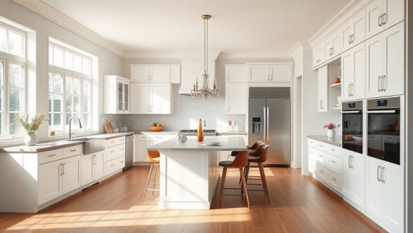 Modern kitchen in move-in ready home with white cabinets.