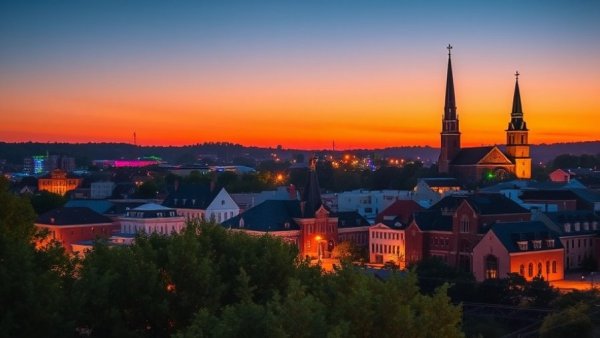 Midwest cityscape at dusk with colorful lights, showing real estate trends.