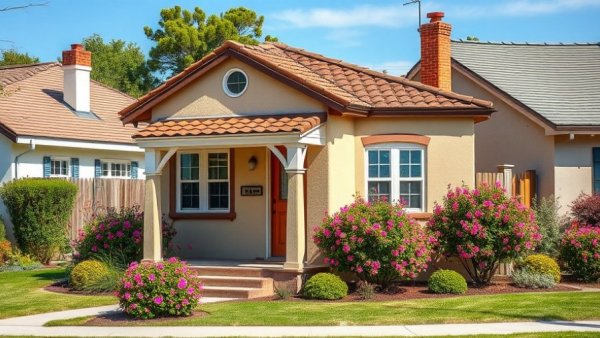 Stucco house with tile roof and shrubs, sunny day.