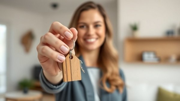 Smiling woman holding house keys, focus on keys - best time to buy a home.
