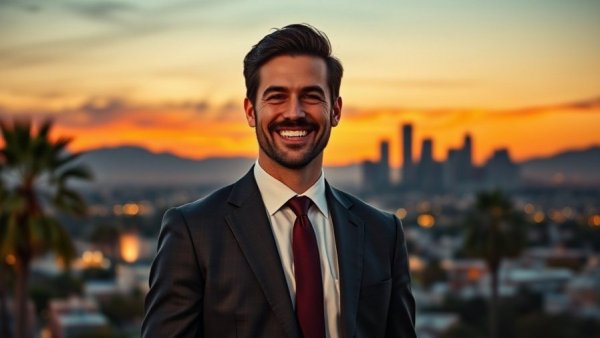 Smiling man in suit before LA skyline sunset, John Aaroe passing.
