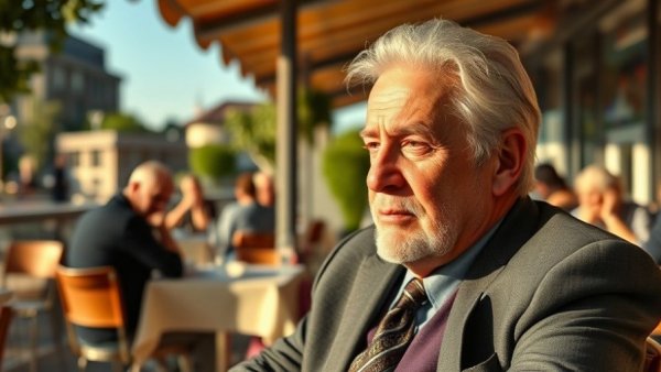 Distinguished older man reflecting at a sunny restaurant terrace.
