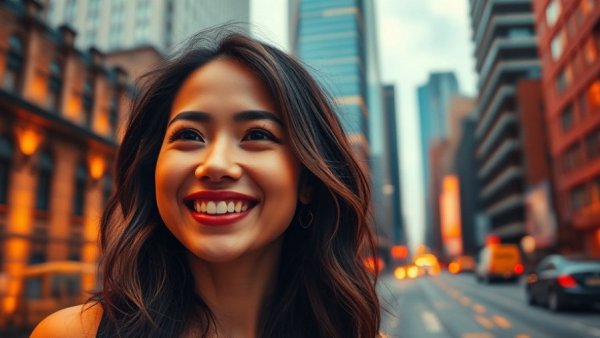 AI real estate agents concept with a smiling woman and modern building.