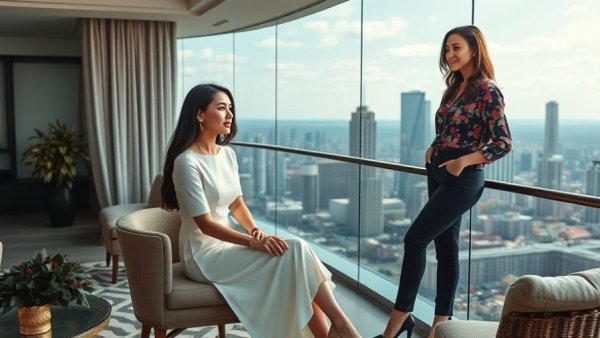 Women-led real estate team in NYC on a balcony with city skyline.
