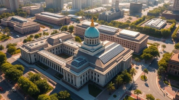 Federal Reserve building in 2026 with solar panels and greenery.