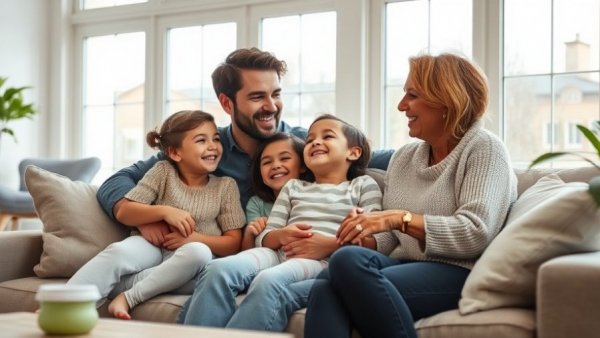 Happy family enjoying the emotional benefits of homeownership in a cozy living room.