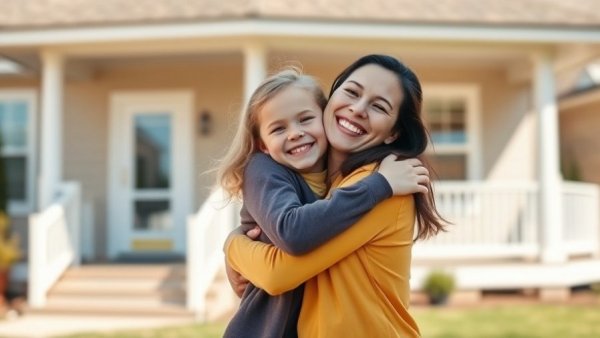 Mother and daughter hugging joyfully outside their home, related to Fannie Mae Freddie Mac housing goals.