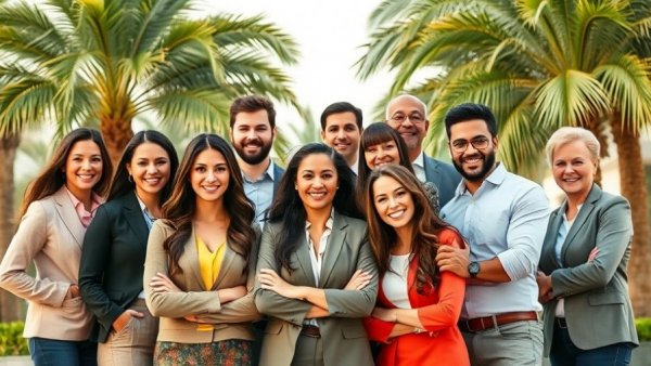 Real estate reality TV stars smiling in front of palm trees.