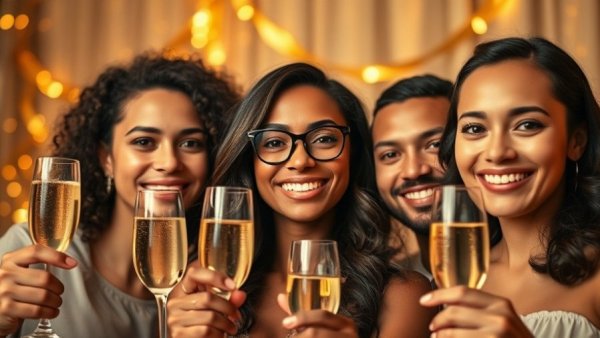 Celebration scene with portraits and champagne glasses, Real Estate Trends 2025.