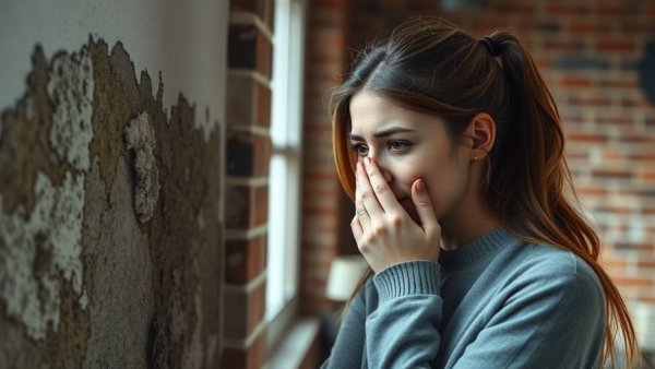 Concerned woman inspecting mold on wall, relevant to selling a house with mold.